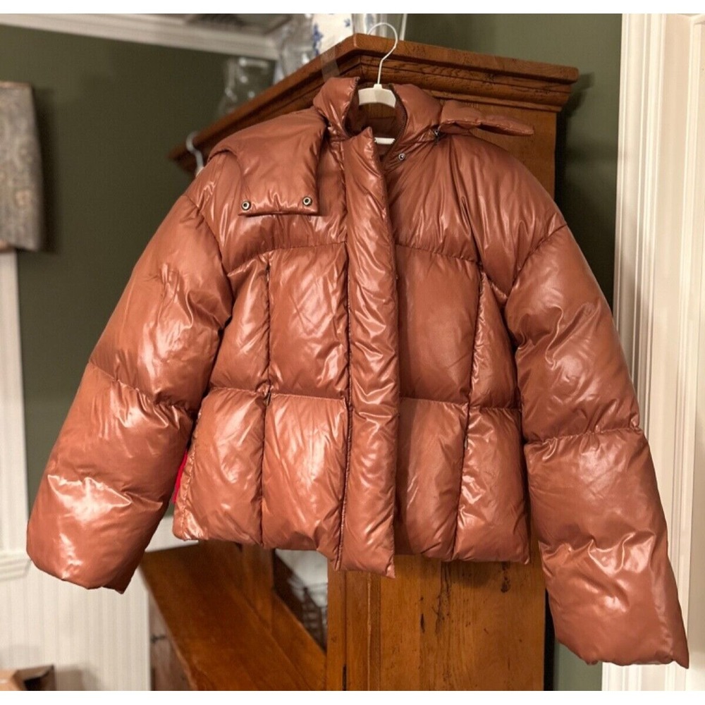 EUC Lattelier Cropped Puffer Down Hooded Jacket Brown Oversized $225 READ